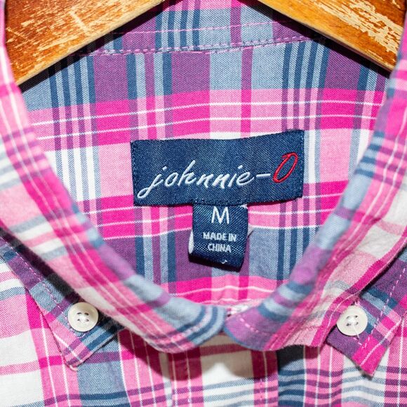 Johnnie-O Medium Pink Button Down Shirt Surfer Logo Plaid - Picture 2 of 6